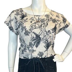 Joie Black and White Tropical Print Boxy Linen Relaxed Fit Cap Sleeve Tee Shirt